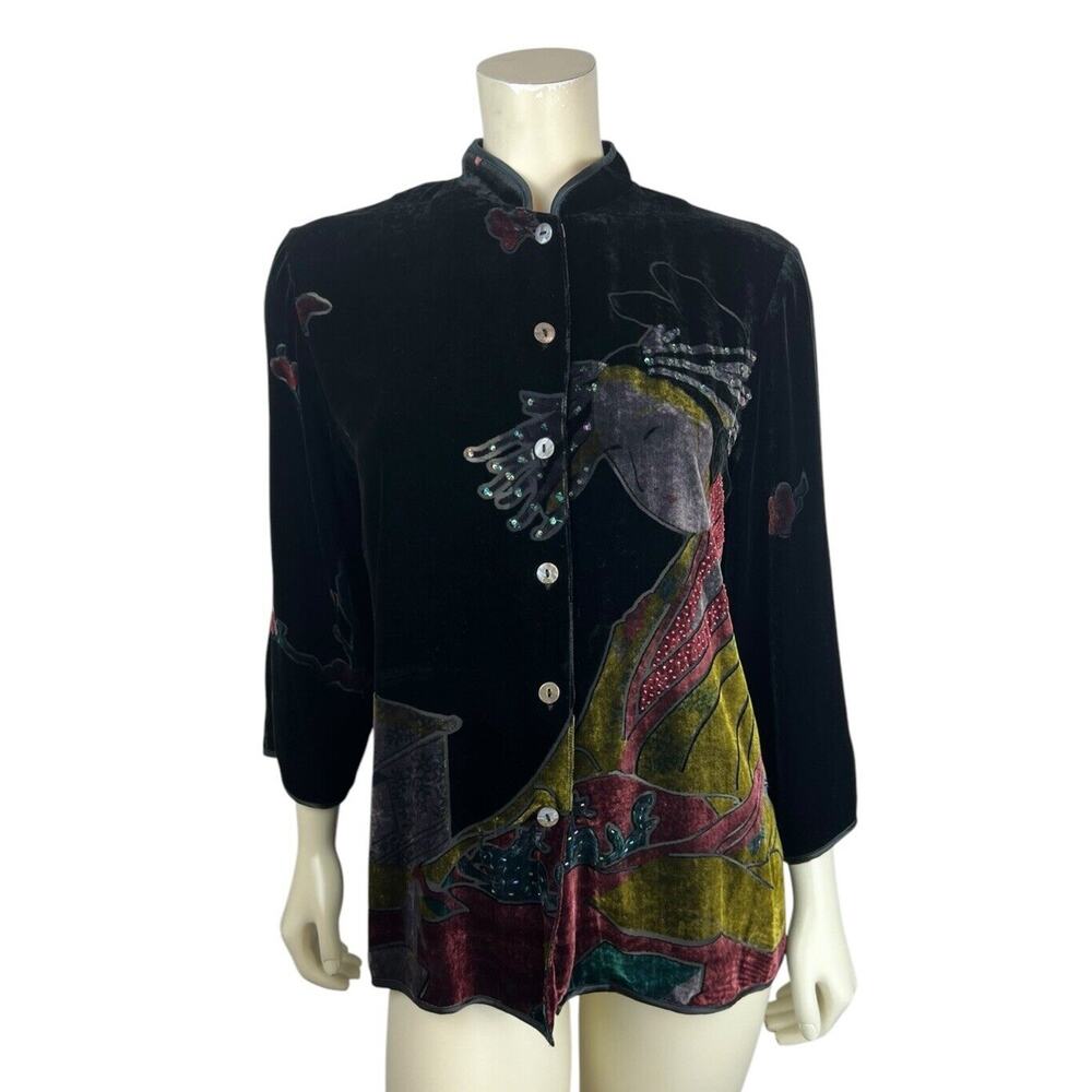 Citron Japanese Art Velvet Silk Top Size M Geisha Beaded Asian Button Up Floral